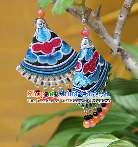 Traditional Chinese Miao Nationality Crafts Jewelry Accessory, Hmong Handmade Embroidery Beads Earrings, Miao Ethnic Minority Eardrop Accessories Ear Pendant for Women