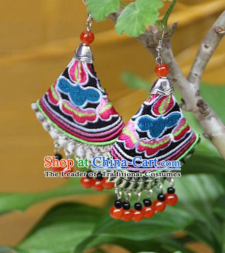 Traditional Chinese Miao Nationality Crafts Jewelry Accessory, Hmong Handmade Embroidery Beads Earrings, Miao Ethnic Minority Eardrop Accessories Ear Pendant for Women