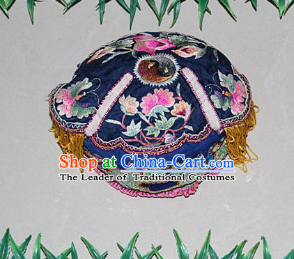 Traditional Chinese Miao Nationality Crafts Hmong Handmade Children Embroidery Flowers Blue Tiger Headwear, Miao Ethnic Minority Exorcise Evil Tiger Hat for Kids