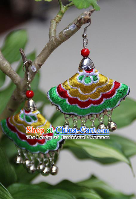 Traditional Chinese Miao Nationality Crafts Jewelry Accessory, Hmong Handmade Embroidery Bells Tassel Earrings, Miao Ethnic Minority Eardrop Accessories Ear Pendant for Women