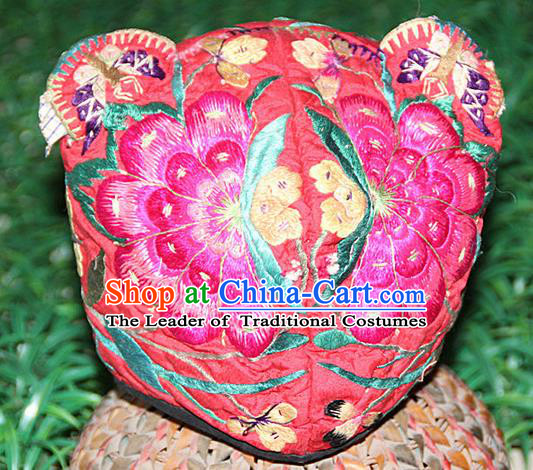 Traditional Chinese Miao Nationality Crafts Hmong Handmade Children Embroidery Flowers Tiger Headwear, Miao Ethnic Minority Exorcise Evil Tiger Hat for Kids