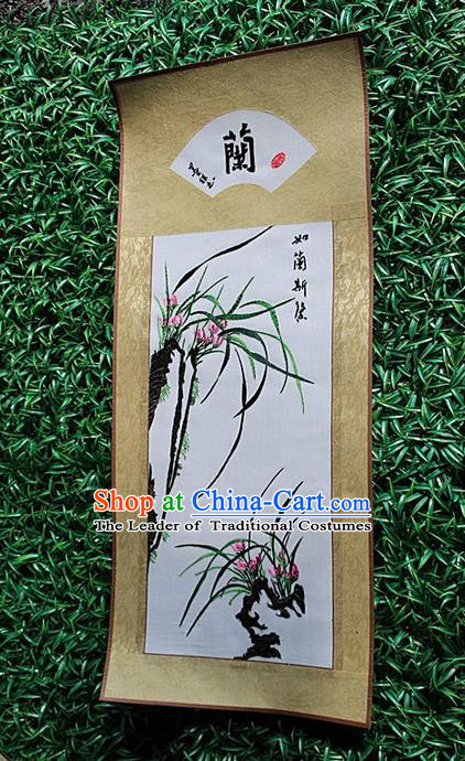 Traditional Chinese Miao Nationality Minority Crafts Hmong Xiangxi Embroidery Decorative Paintings, Embroidery Orchid Scroll Painting for Friends