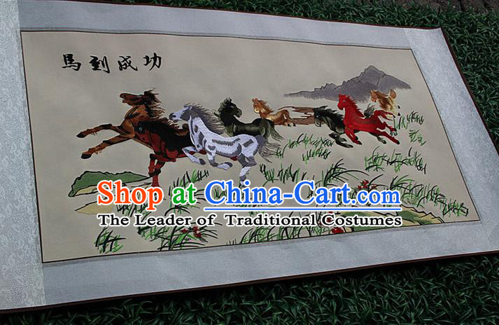 Traditional Chinese Miao Nationality Minority Crafts Hmong Xiangxi Embroidery Decorative Paintings, Embroidery Horse Meaning Success Scroll Painting for Friends