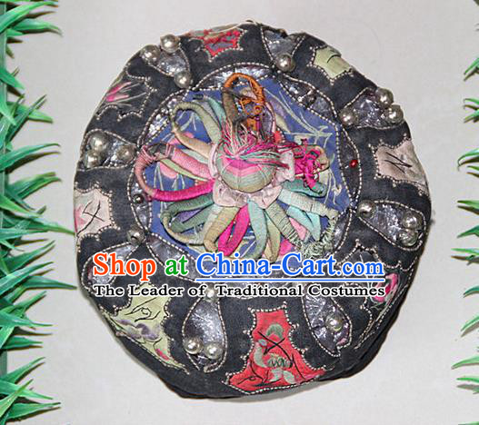 Traditional Chinese Miao Nationality Crafts Hmong Handmade Children Embroidery Flowers Black Tiger Headwear, Miao Ethnic Minority Exorcise Evil Tiger Hat for Kids