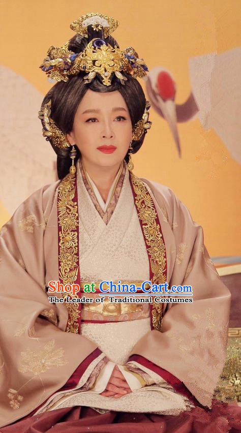 Traditional Ancient Chinese Imperial Empress Dowager Costume and Headwear Complete Set, Elegant Hanfu Palace Lady Queen Mother Dress, Chinese Warring States Period Imperial Empress Tailing Embroidered Phoenix Clothing for Women