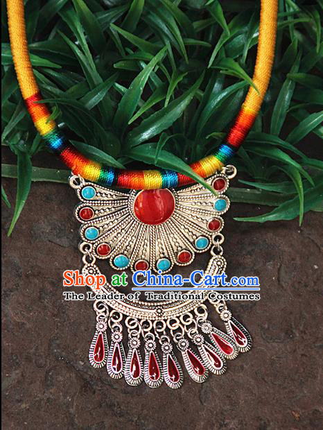 Traditional Chinese Miao Ethnic Minority Necklace, Hmong Handmade Colorized Collar Pendant, Miao Ethnic Jewelry Accessories Bells Necklace for Women