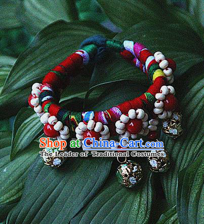 Traditional Chinese Miao Ethnic Minority Palace Jewelry Accessories Wristbands Bracelet, Hmong Handmade Bells Bracelet Hand-Knitted Chain Bracelet for Women