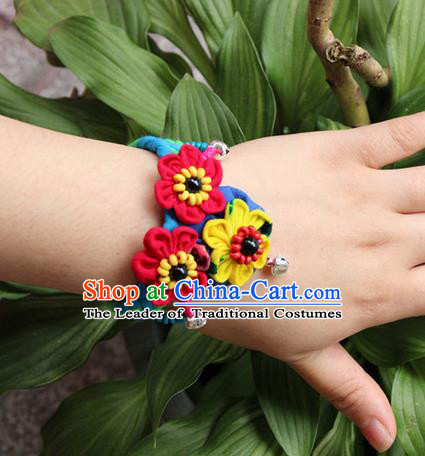 Traditional Chinese Miao Ethnic Minority Palace Jewelry Accessories Wristbands Bracelet, Hmong Handmade Bells Bracelet Hand-Knitted Chain Bracelet for Women