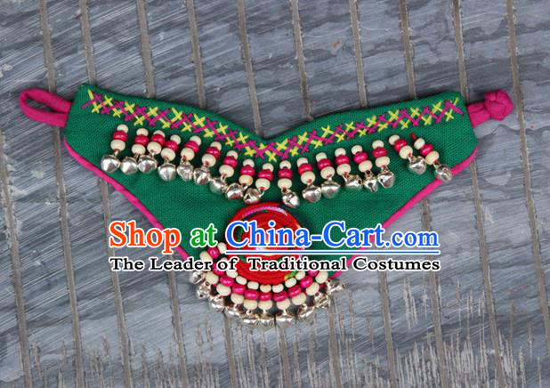 Traditional Chinese Miao Ethnic Minority Palace Jewelry Accessories Canvas Wristbands Bracelet, Hmong Handmade Bracelet Bells Chain Bracelet for Women
