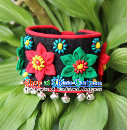 Traditional Chinese Miao Ethnic Minority Palace Jewelry Accessories Canvas Wristbands Bracelet, Hmong Handmade Bracelet Bells Chain Bracelet for Women