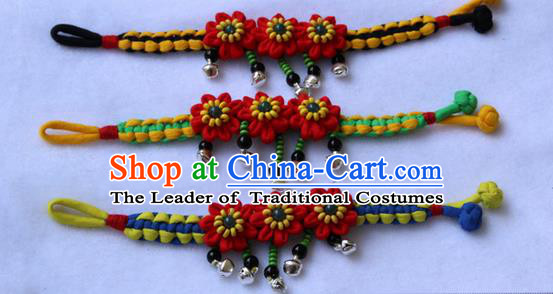 Traditional Chinese Miao Ethnic Minority Palace Jewelry Accessories Wristbands Bracelet, Hmong Handmade Bracelet Bells Chain Bracelet for Women