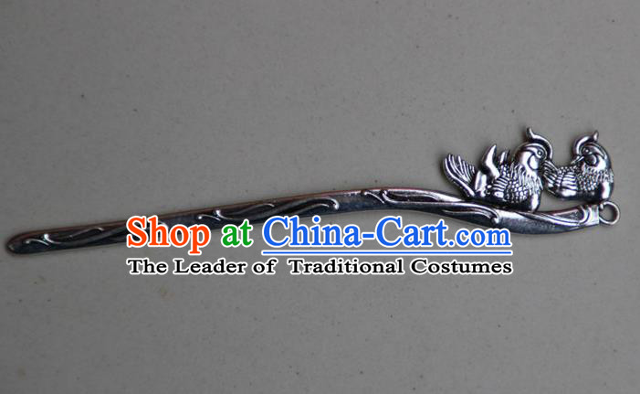 Traditional Chinese Ancient Miao Ethnic Minority Palace Hair Jewelry Accessories, Hmong Handmade Silver Mandarin Duck Hairpins, Miao Ethnic Jewelry Accessories Hair Claw for Women