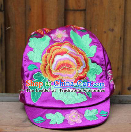 Traditional Chinese Miao Ethnic Minority Satin Cloth Embroidery Phoenix Cap, Hmong Handmade Peak Cap for Women