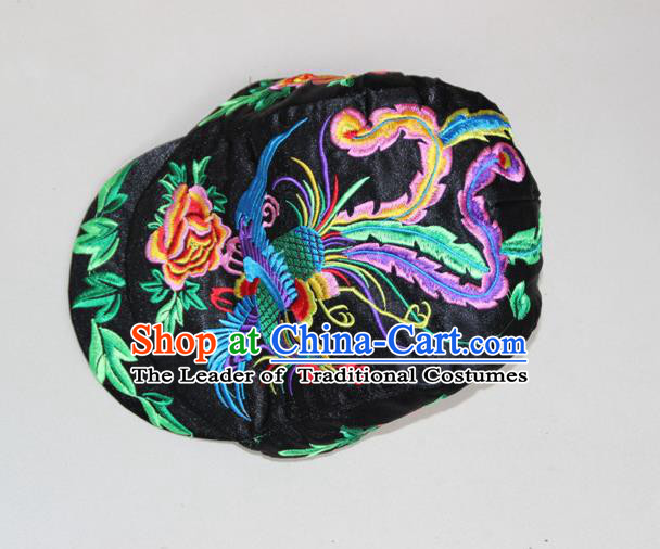 Traditional Chinese Miao Ethnic Minority Satin Cloth Embroidery Phoenix Cap, Hmong Handmade Peak Cap for Women