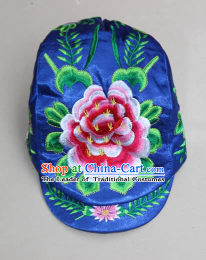 Traditional Chinese Miao Ethnic Minority Satin Cloth Embroidery Phoenix Cap, Hmong Handmade Peak Cap for Women