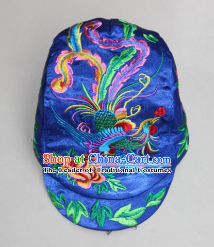 Traditional Chinese Miao Ethnic Minority Satin Cloth Embroidery Phoenix Cap, Hmong Handmade Peak Cap for Women