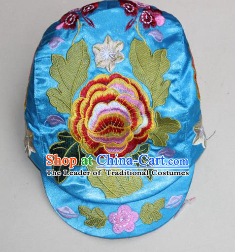 Traditional Chinese Miao Ethnic Minority Satin Cloth Embroidery Phoenix Cap, Hmong Handmade Peak Cap for Women