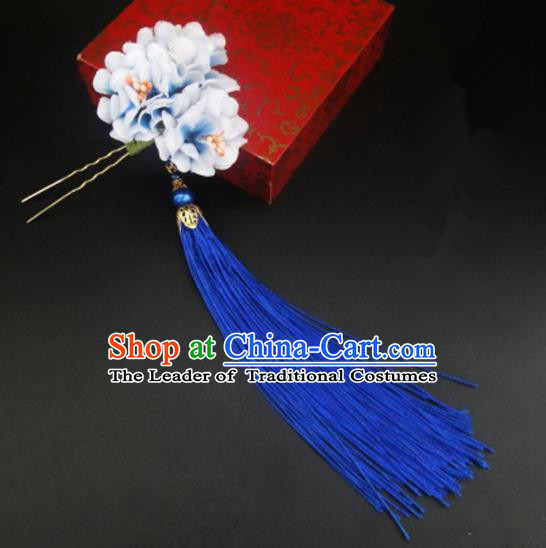 Traditional Handmade Chinese Ancient Classical Hair Accessories Barrettes Hairpin, Flowers Long Tassel Headdress Hair Jewellery, Hanfu Hair Fascinators Hairpins for Women