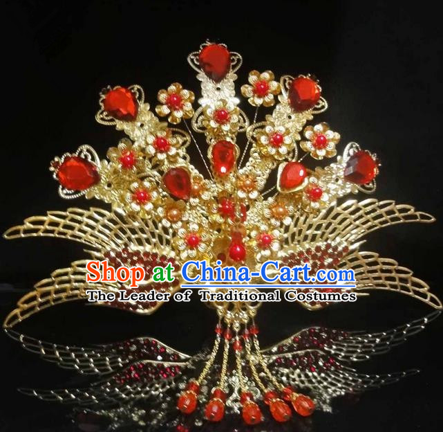 Traditional Handmade Chinese Ancient Classical Hair Accessories Bride Wedding Barrettes Phoenix Coronet, Hair Sticks Hair Jewellery, Hair Fascinators Hairpins for Women