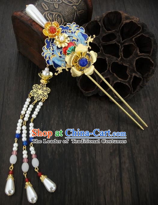 Traditional Handmade Chinese Ancient Classical Hair Accessories Barrettes Hairpin, Blueing Hair Sticks Hair Jewellery, Hair Fascinators Hairpins for Women