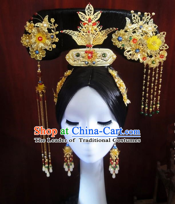 Traditional Handmade Chinese Ancient Classical Qing Dynasty Hat Accessories Bride Wedding Barrettes Imperial Emperess Phoenix Coronet, Hair Sticks Hair Jewellery, Hair Fascinators Hairpins Complete Set for Women