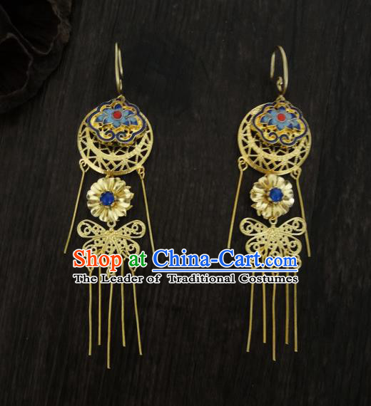 Traditional Handmade Chinese Ancient Classical Imperial Emperess Wedding Blueing Tassel Earrings for Women