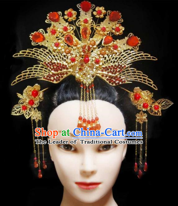 Traditional Handmade Chinese Ancient Classical Hair Accessories Barrettes Hairpin, Imperial Emperess Phoenix Coronet Hair Jewellery, Hair Fascinators Hairpins for Women