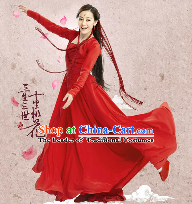 Traditional Ancient Chinese Imperial Princess Wedding Costume, Chinese Han Dynasty Princess Red Dress, Cosplay Teleplay Ten great III of peach blossom Role Feng jiu Chinese Peri Embroidered Hanfu Clothing for Women