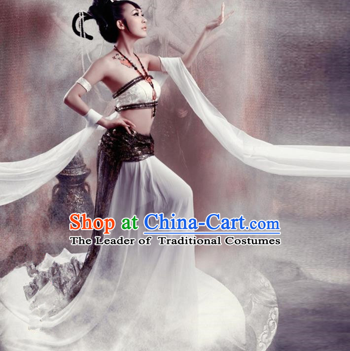 Traditional Ancient Chinese Dunhuang Flying Fairy Costume, Chinese Han Dynasty Dance Ribbon Dress, Cosplay Chinese Peri Imperial Empress Tailing Black Embroidered Clothing for Women