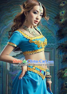 Traditional Ancient Indian Palace Sari Blue Costumes, Indian Young Lady Belly Dance Dress for Women