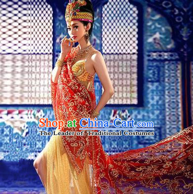 Traditional Ancient Indian Palace Sari Red Costumes, Indian Young Lady Belly Dance Dress for Women