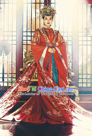 Traditional Ancient Chinese Imperial Emperess Costume Complete Set, Chinese Han Dynasty Bride Wedding Dress, Cosplay Chinese Imperial Emperess Tailing Embroidered Clothing for Women