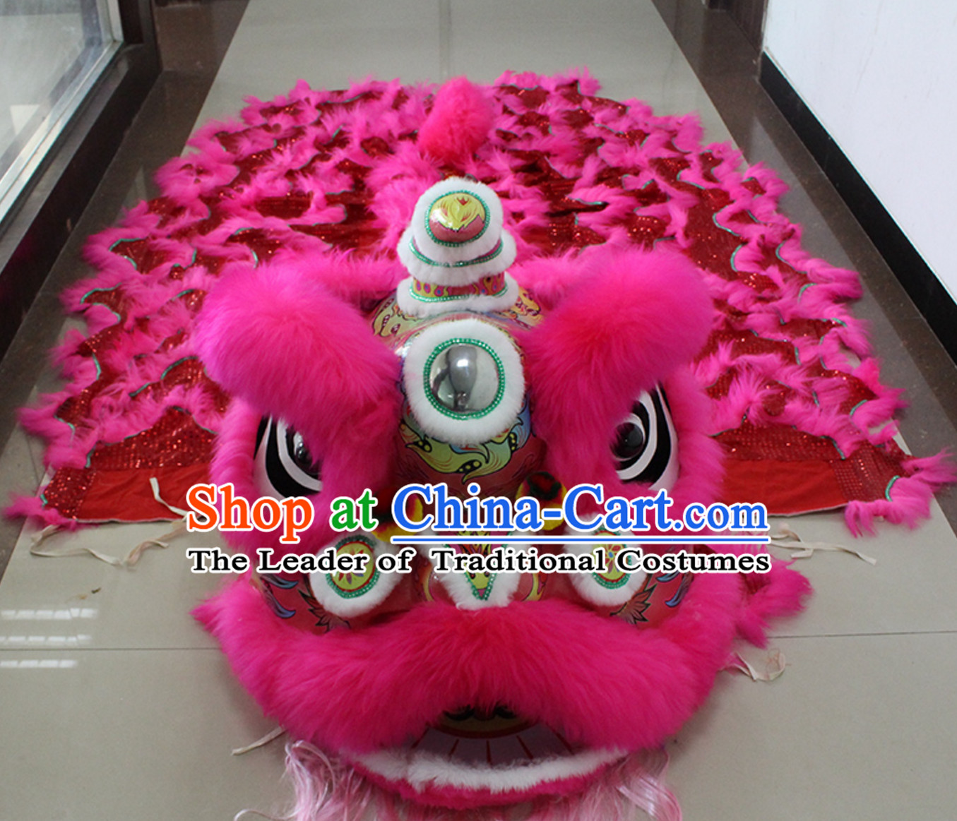 Pink New 100_ Long Wool Lion Dancing Costume Complete Set