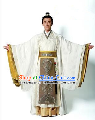 Traditional Ancient Chinese Imperial Emperor Costume, Chinese Han Dynasty Emperor Dress, Cosplay Chinese Majesty Embroidered Clothing White Hanfu Complete Set for Men