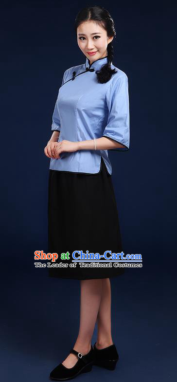 Traditional Chinese Style Modern Dancing Compere Costume, Women Opening Chorus Singing Group Classic Dance May 4th Movement Students Uniforms, Modern Dance Classic Dance Blue Blouse and Skirt for Women