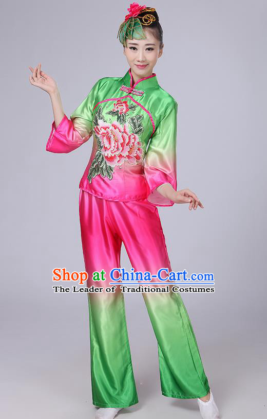 Traditional Chinese Yangge Fan Dancing Costume, Folk Dance Yangko Mandarin Collar Peony Painting Satin Blouse and Pants Uniforms, Classic Dance Elegant Dress Drum Dance Clothing for Women