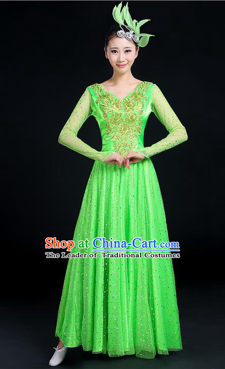 Traditional Chinese Modern Dancing Compere Costume, Women Opening Classic Dance Chorus Singing Group Uniforms, Modern Dance Classic Dance Big Swing Green Dress for Women