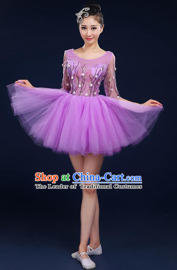 Traditional Chinese Modern Dancing Compere Costume, Women Opening Classic Dance Chorus Singing Group Bubble Uniforms, Modern Dance Classic Dance Big Swing Purple Short Dress for Women