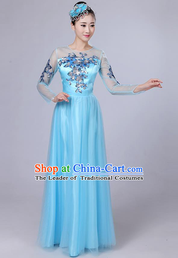 Traditional Chinese Modern Dancing Compere Costume, Women Opening Classic Dance Chorus Singing Group Paillette Flowers Bubble Uniforms, Modern Dance Classic Dance Big Swing Blue Long Dress for Women