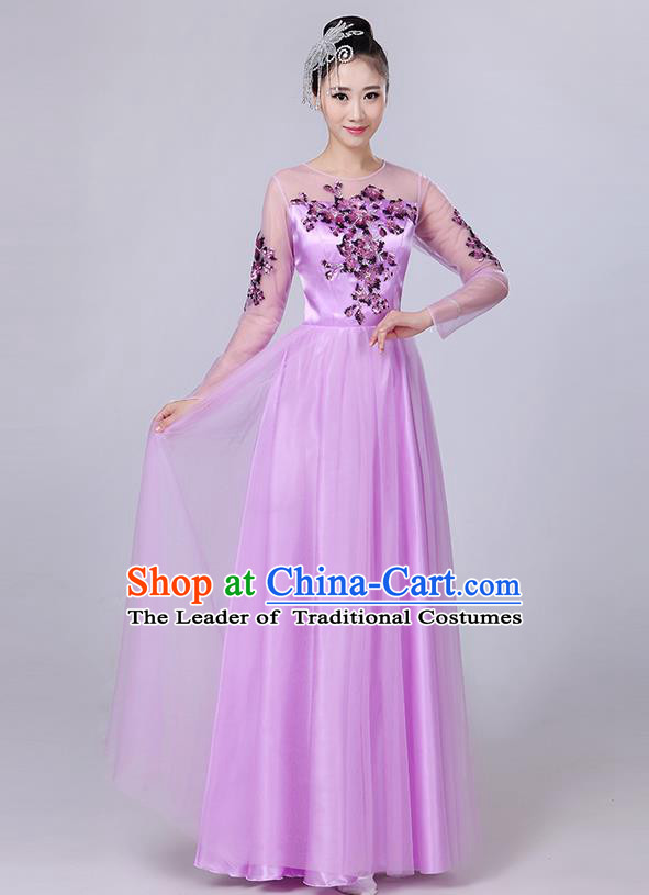 Traditional Chinese Modern Dancing Compere Costume, Women Opening Classic Dance Chorus Singing Group Paillette Flowers Bubble Uniforms, Modern Dance Classic Dance Big Swing Purple Long Dress for Women