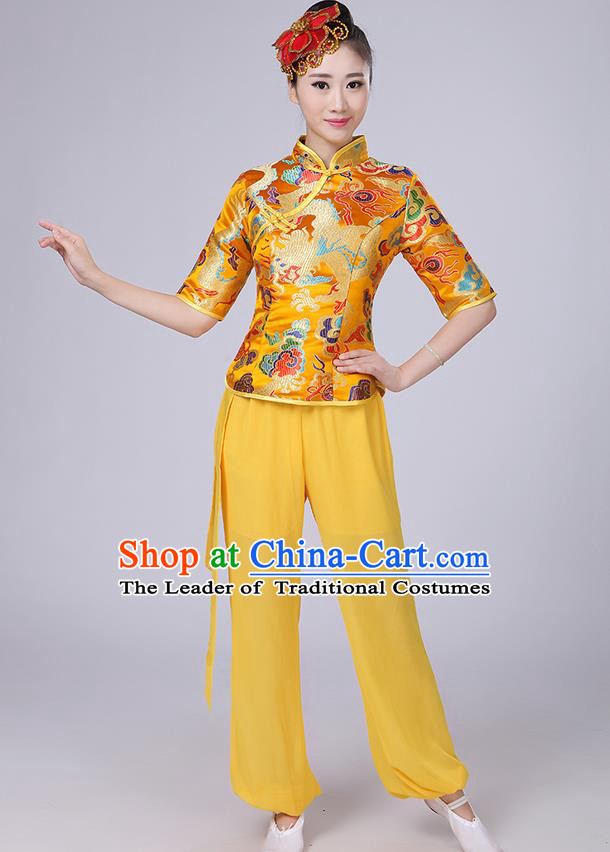 Traditional Chinese Yangge Fan Dancing Costume, Folk Dance Yangko Mandarin Collar Embroidered Dragon Blouse and Pants Uniforms, Classic Dance Elegant Dress Drum Dance Gold Clothing for Women