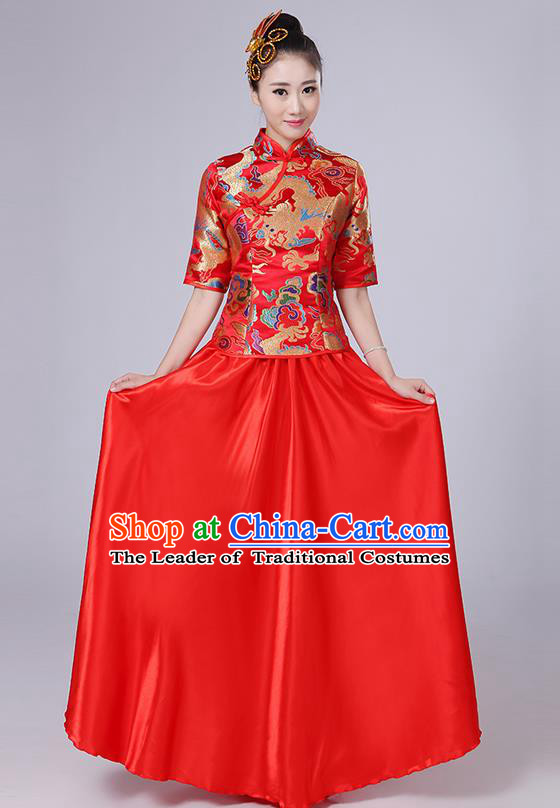 Traditional Chinese Style Modern Dancing Compere Costume, Women Opening Classic Chorus Singing Group Dance Embroidered Dragon Uniforms, Modern Dance Classic Dance Red Cheongsam Dress for Women