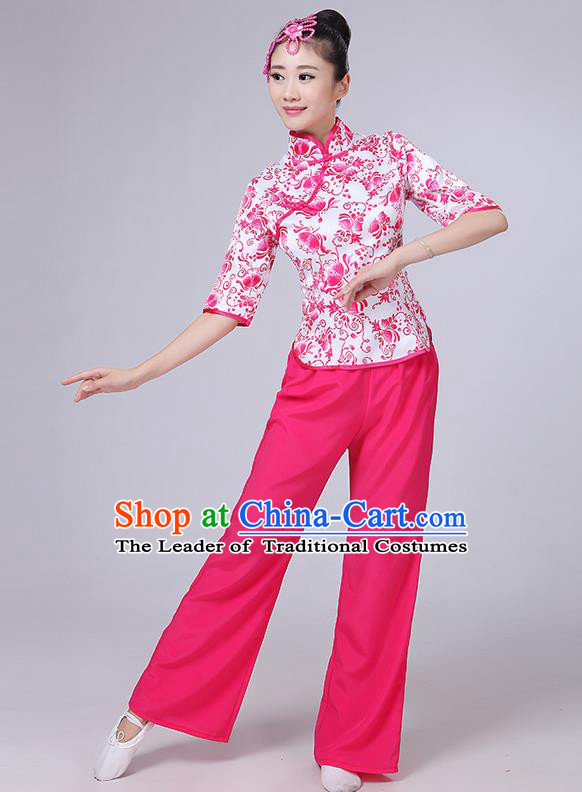 Traditional Chinese Yangge Fan Dancing Costume, Folk Dance Yangko Mandarin Collar Blue and White Porcelain Blouse and Pants Uniforms, Classic Dance Elegant Dress Drum Dance Pink Clothing for Women