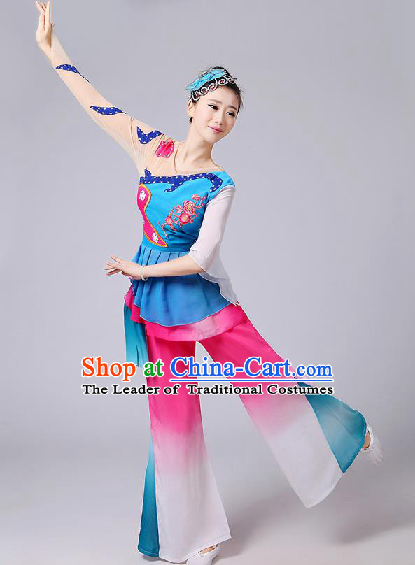 Traditional Chinese Yangge Fan Dancing Costume, Folk Dance Yangko Mandarin Sleeve Blouse and Pants Uniforms, Classic Dance Elegant Dress Drum Dance Blue Clothing for Women