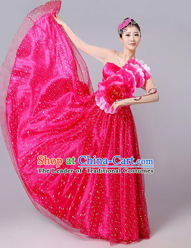 Traditional Chinese Modern Dancing Compere Costume, Women Opening Classic Dance Chorus Singing Group Bubble Peony Uniforms, Modern Dance Classic Dance Big Swing Rose Long Dress for Women