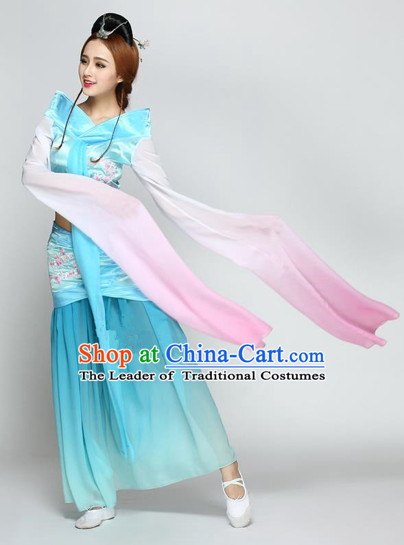 Traditional Chinese Ancient Yangge Fan Dancing Costume, Folk Dance Long Water Sleeve Uniforms, Classic Flying Dance Elegant Fairy Dress Drum Palace Lady Dance Blue Clothing for Women