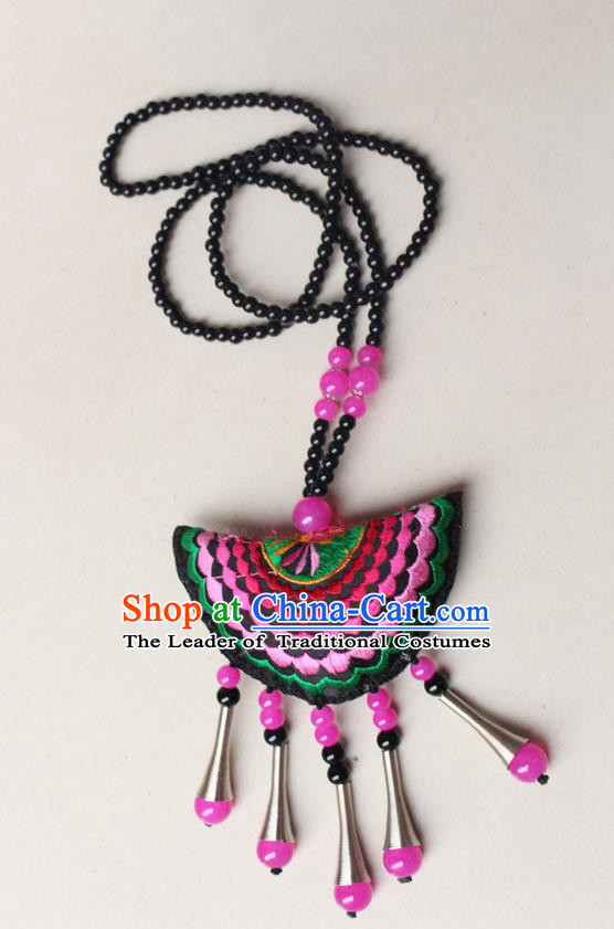 Traditional Chinese Miao Nationality Crafts Jewelry Accessory, Hmong Handmade Pink Beads Tassel Double Side Embroidery Fan Pendant, Miao Ethnic Minority Necklace Accessories Sweater Chain Pendant for Women