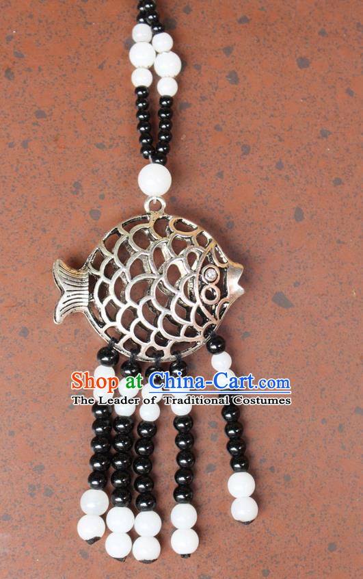 Traditional Chinese Miao Nationality Crafts Jewelry Accessory, Hmong Handmade Miao Silver Fish Beads Tassel Pendant, Miao Ethnic Minority Necklace Accessories Sweater Chain Pendant for Women