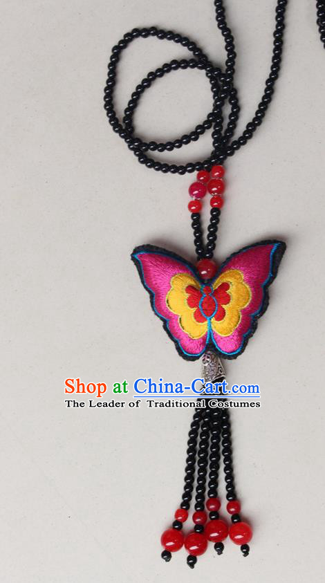 Traditional Chinese Miao Nationality Crafts Jewelry Accessory, Hmong Handmade Black Beads Tassel Double Side Embroidery Butterfly Pendant, Miao Ethnic Minority Necklace Accessories Sweater Chain Pendant for Women