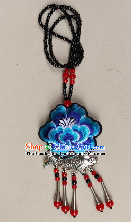 Traditional Chinese Miao Nationality Crafts Jewelry Accessory, Hmong Handmade Miao Silver Fish Beads Tassel Embroidery Peony Pendant, Miao Ethnic Minority Necklace Accessories Sweater Chain Pendant for Women